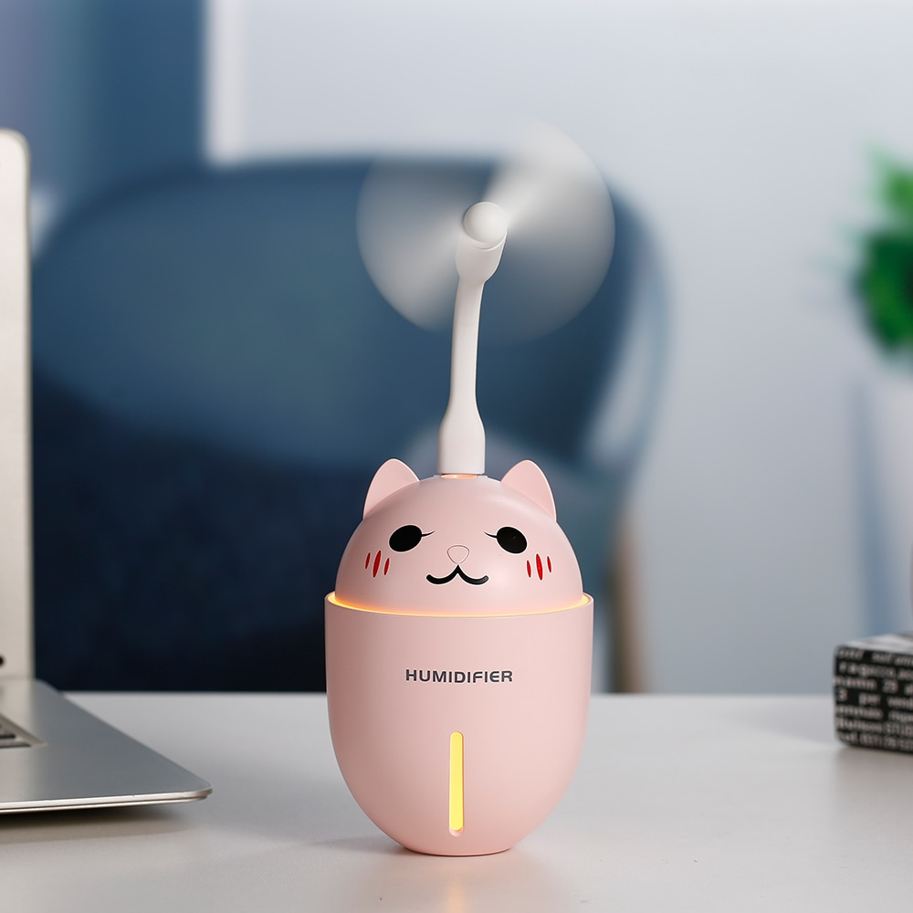 Cute Cat USB Air Humidifier with LED Light and USB Fan