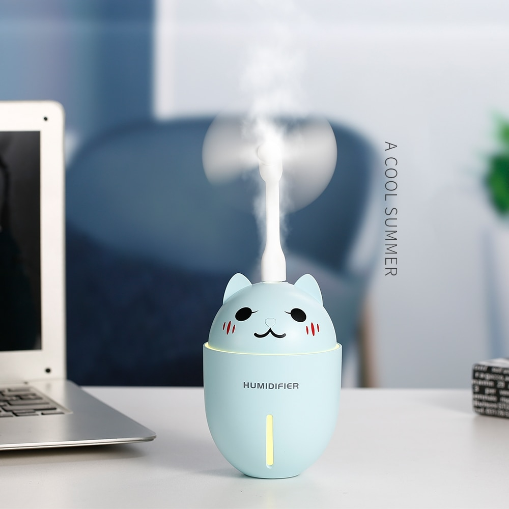 Cute Cat USB Air Humidifier with LED Light and USB Fan