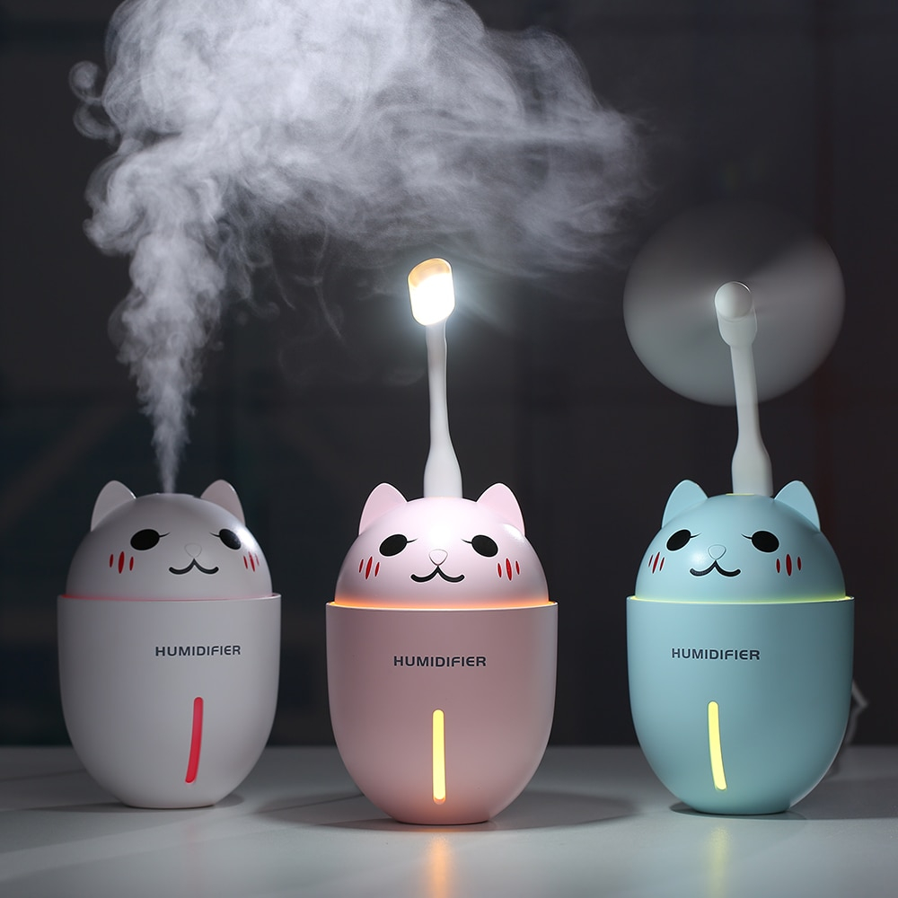 Cute Cat USB Air Humidifier with LED Light and USB Fan